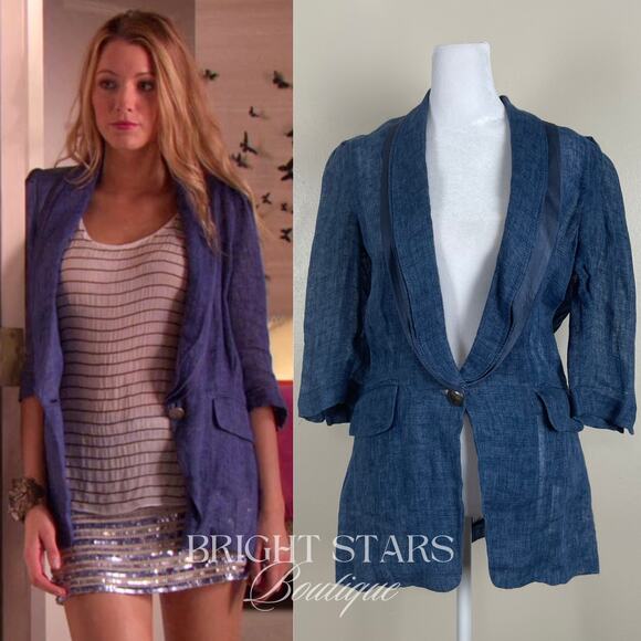 Rare Blue Linen Blazer Jacket ASO Serena Van Der Woodsen Gossip Girl Y2K - Picture 1 of 12